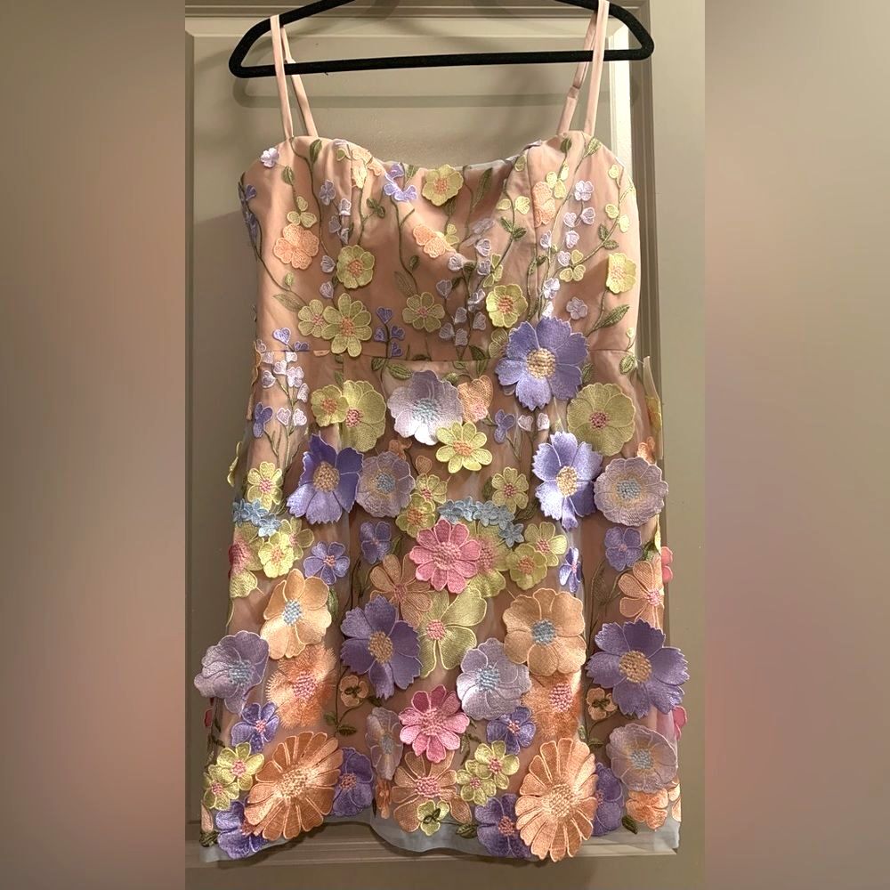 Helsi Hilma 3D Floral Appliqué Mesh Mini Dress Pastel Pink Lavender Nude Large - Picture 4 of 15